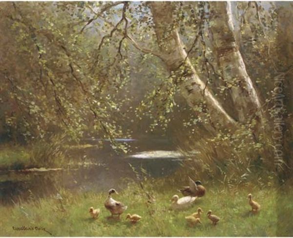 Ducks With Their Young On A Riverbank Oil Painting by David Adolph Constant Artz