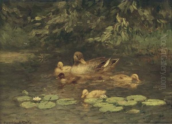 A Duck And Her Chicks On A Pond Oil Painting by David Adolph Constant Artz