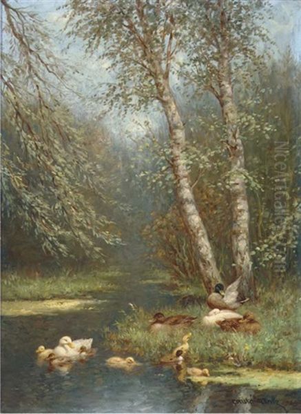 Ducks And Ducklings On The Waterside Oil Painting by David Adolph Constant Artz