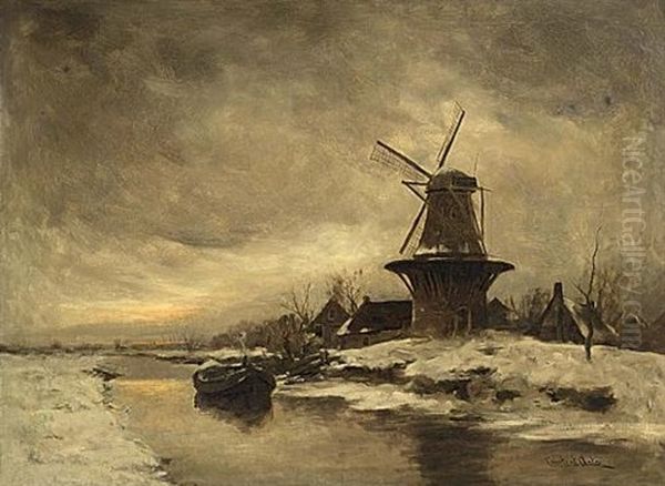 A View Of A Winter Landscape With Windmill by David Adolph Constant Artz