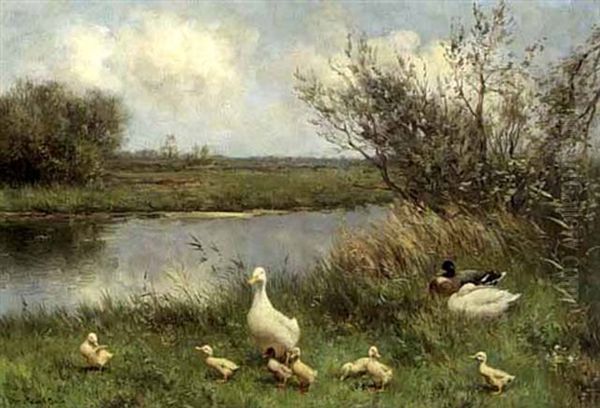 Duck With Ducklings Near The Waterside by David Adolph Constant Artz