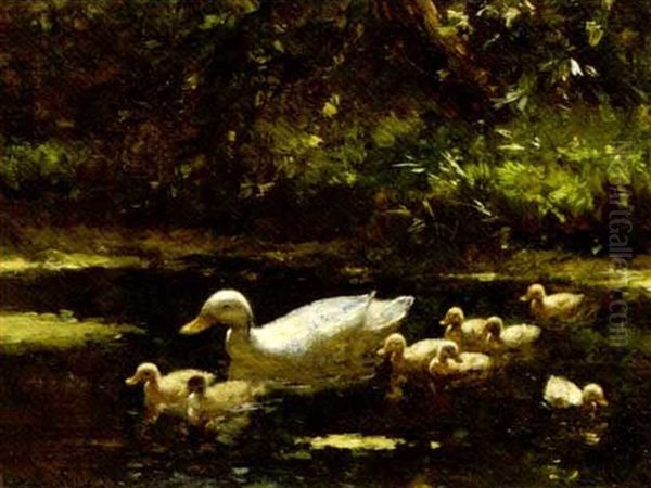 A Duck With Her Ducklings Oil Painting by David Adolph Constant Artz