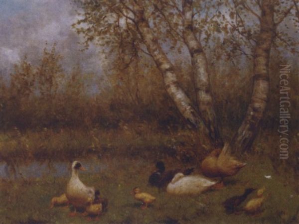 Ducks Under A Birch In A Meadow Oil Painting by David Adolph Constant Artz