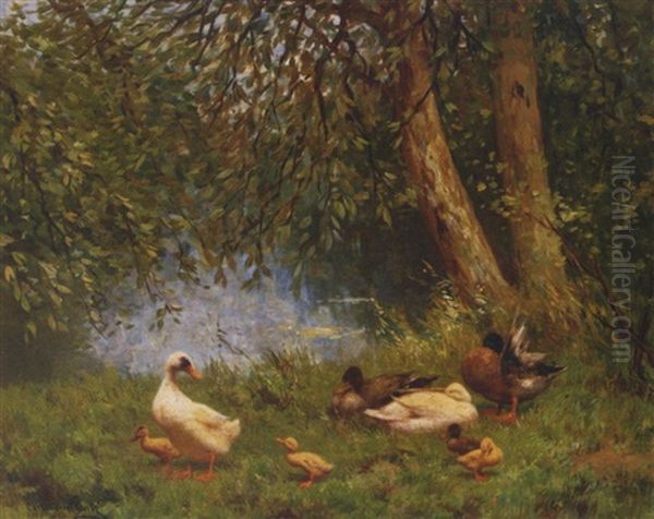 A Duck Family On A Riverbank by David Adolph Constant Artz