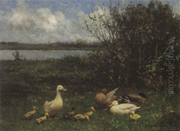 Duck With Ducklings In A Landscape Oil Painting by David Adolph Constant Artz