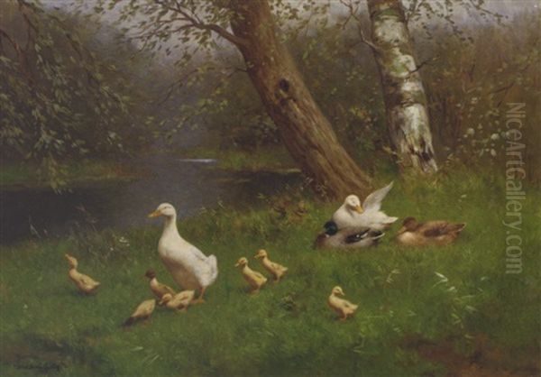 Ducks And Ducklings By The Waterside Oil Painting by David Adolph Constant Artz