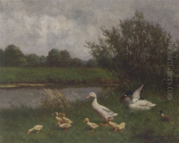 Ducks And Ducklings On A Riverbank Oil Painting by David Adolph Constant Artz