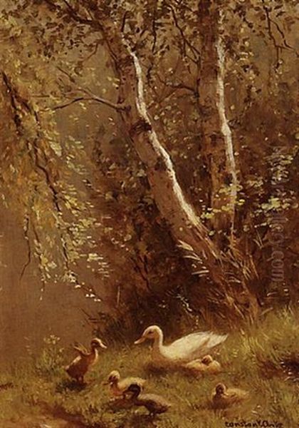 A Duck With Her Ducklings Near Birch Trees by David Adolph Constant Artz