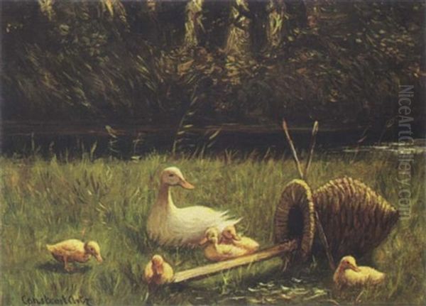 Duck With Ducklings Near The Waterside Oil Painting by David Adolph Constant Artz