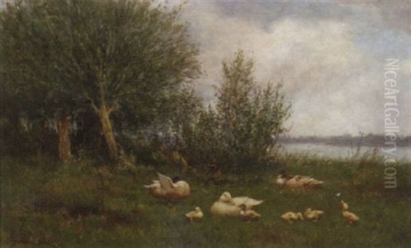 Ducks And Ducklings By A River Oil Painting by David Adolph Constant Artz