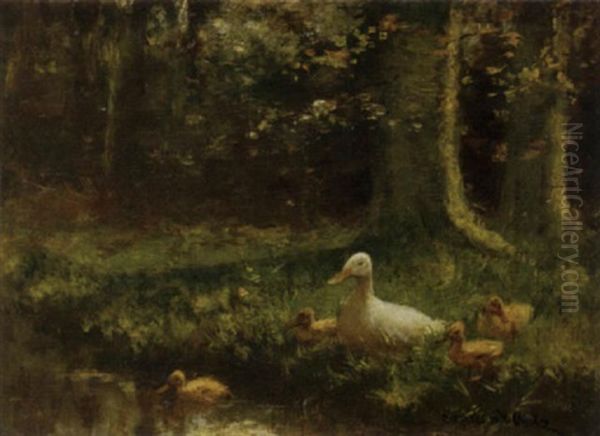 Duck And Ducklings On A Riverbank Oil Painting by David Adolph Constant Artz