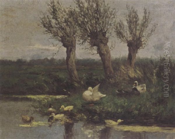 Ducks With Their Ducklings Near The Waterfront Oil Painting by David Adolph Constant Artz