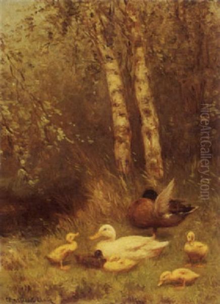 Duck With Ducklings On The Riverside Oil Painting by David Adolph Constant Artz