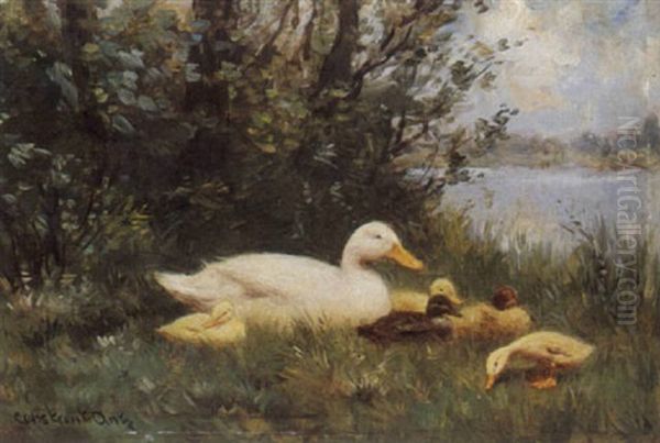 Duck And Ducklings On A Riverbank by David Adolph Constant Artz