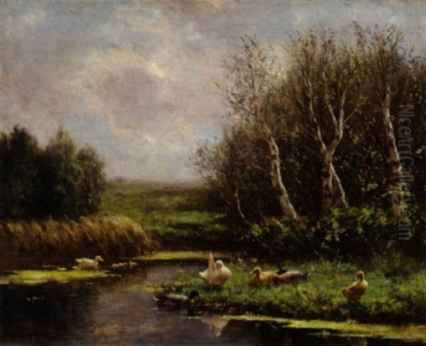 Ducks On A Riverbank Oil Painting by David Adolph Constant Artz