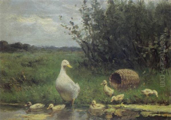 Duck With Her Ducklings Near The Waterside Oil Painting by David Adolph Constant Artz