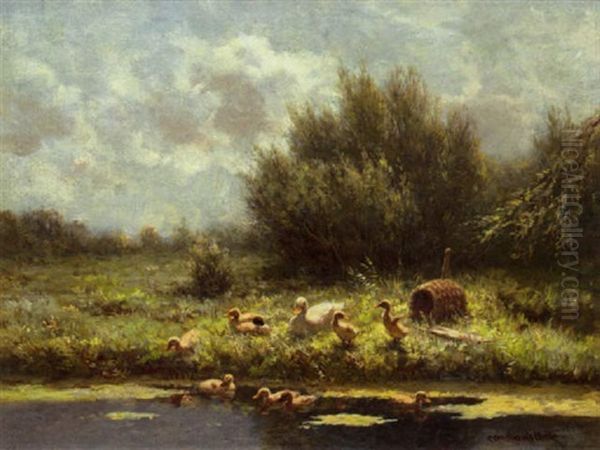 Ducks And Ducklings Along The Waterside Oil Painting by David Adolph Constant Artz