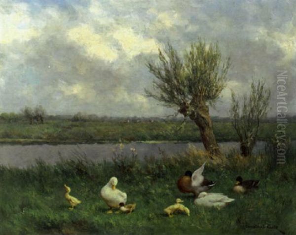 Ducks By The Waterside Oil Painting by David Adolph Constant Artz