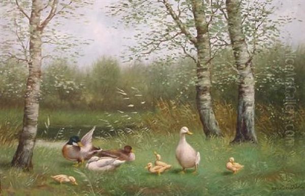 Ganse Und Enten In Hohem Gras Zwischen Birken Oil Painting by David Adolph Constant Artz