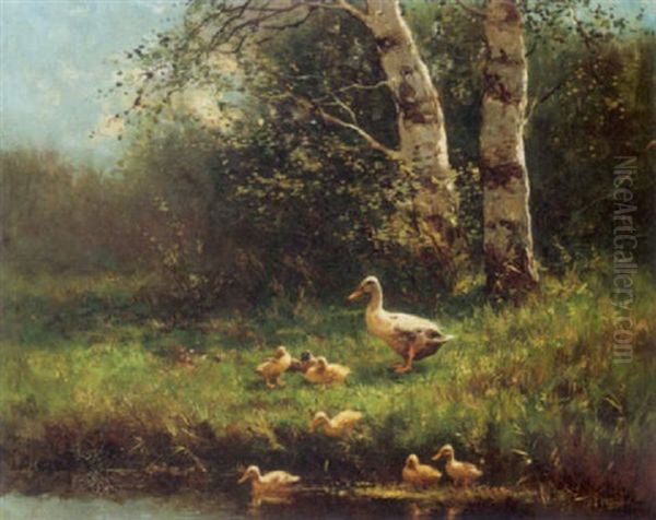 A Duck With Ducklings On A Riverbank Oil Painting by David Adolph Constant Artz