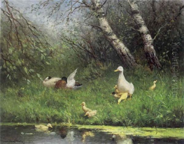 Ducks And Ducklings On A Riverbank Oil Painting by David Adolph Constant Artz