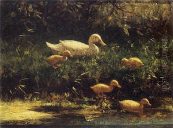 Mother Duck With Her Ducklings Oil Painting by David Adolph Constant Artz