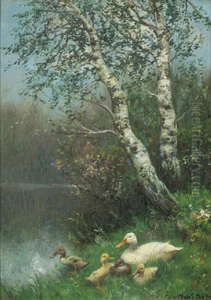 Duck And Ducklings On A Riverbank Oil Painting by David Adolph Constant Artz