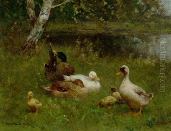 Ducks And Ducklings On A Sunlit Riverbank Oil Painting by David Adolph Constant Artz