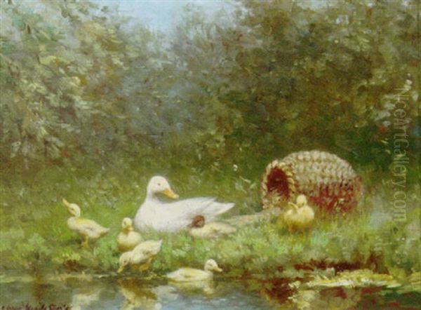 A Duck And Ducklings Ready For A Swim Oil Painting by David Adolph Constant Artz