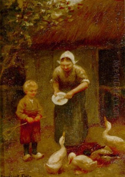 Feeding Ducks Oil Painting by David Adolph Constant Artz