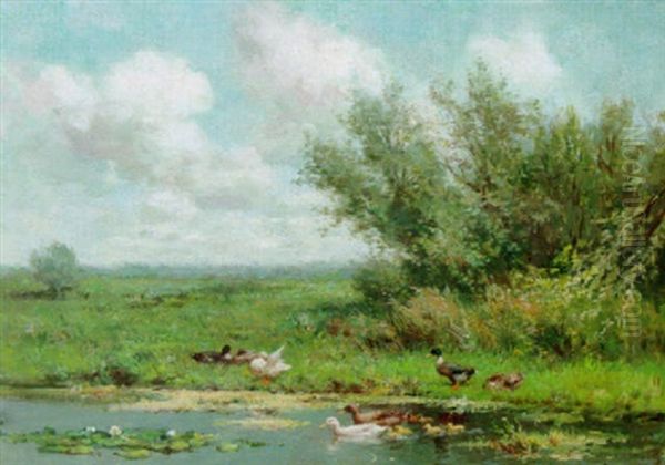 Ducks And Ducklings On A Riverbank Oil Painting by David Adolph Constant Artz