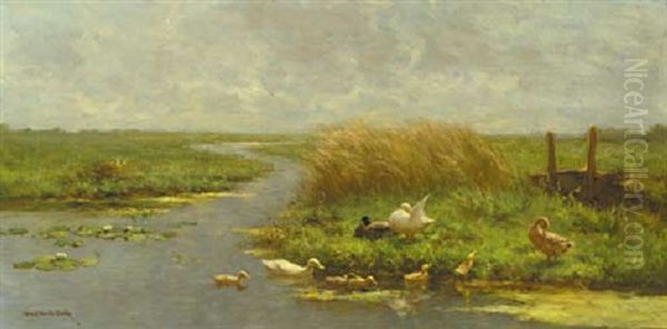 Ducks And Ducklings In A Polder Landscape Oil Painting by David Adolph Constant Artz