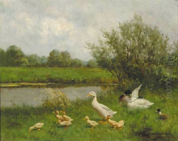 Ducks And Ducklings On A Riverbank by David Adolph Constant Artz