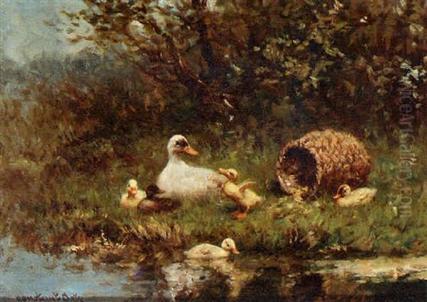 A Duck With Ducklings On The Waterfront Oil Painting by David Adolph Constant Artz