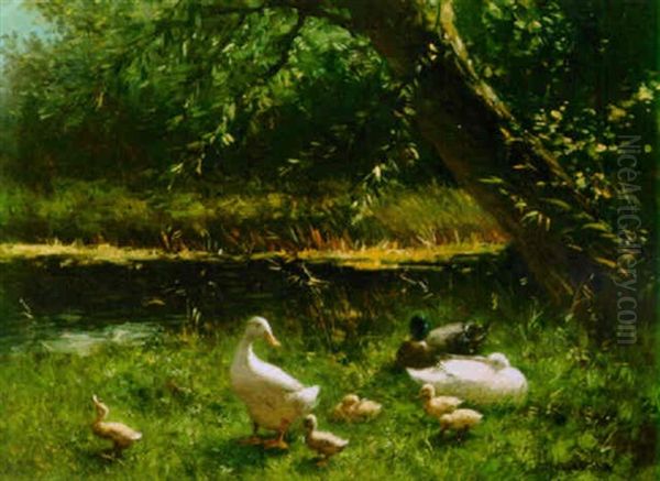 A Duck With Ducklings On A Riverbank Oil Painting by David Adolph Constant Artz