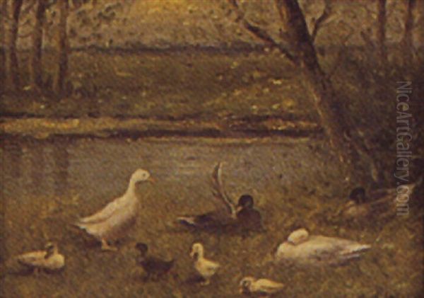 Landscape Of Ducks And Ducklings Alongside A Riverbank Oil Painting by David Adolph Constant Artz