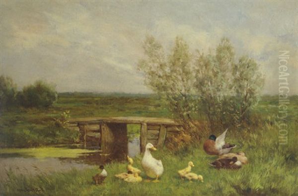 A Duck Family By A Wooden Bridge Oil Painting by David Adolph Constant Artz