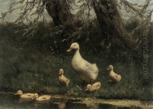 Duck With Her Ducklings Oil Painting by David Adolph Constant Artz