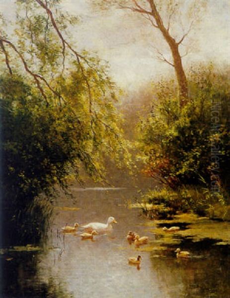 Ducks In A Forest Pond Oil Painting by David Adolph Constant Artz