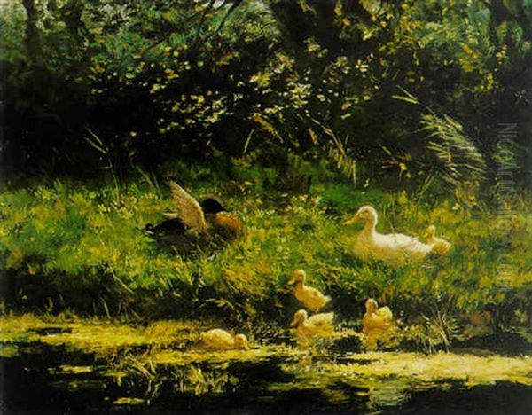 Ducks With Ducklings By A Pond Oil Painting by David Adolph Constant Artz