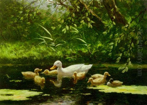 A Duck And Ducklings Going For A Swim Oil Painting by David Adolph Constant Artz