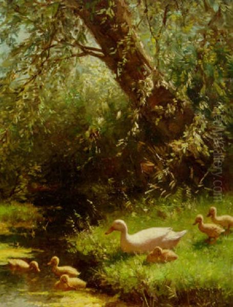 Duck And Ducklings On A Riverbank Oil Painting by David Adolph Constant Artz