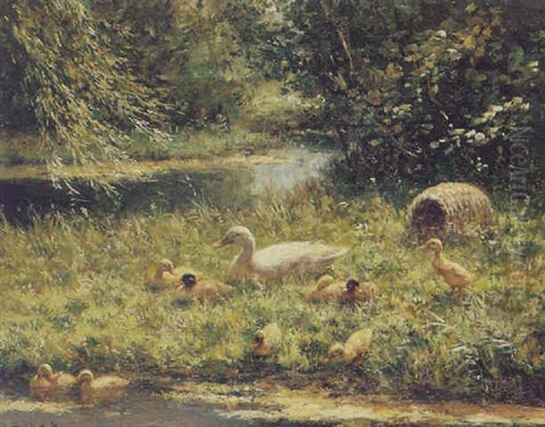 A Duck With Ducklings On A Riverbank Oil Painting by David Adolph Constant Artz