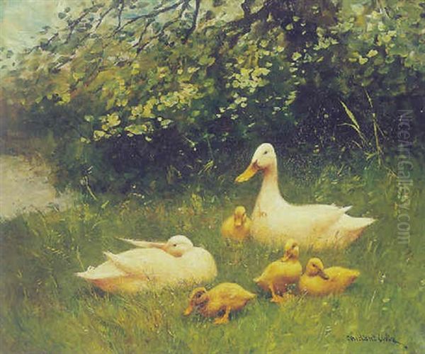 Ducks With Ducklings In The Grass by David Adolph Constant Artz