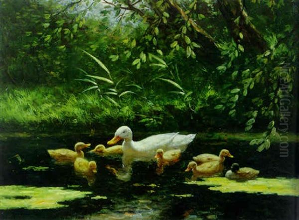 A Duck And Ducklings Going For A Swim Oil Painting by David Adolph Constant Artz