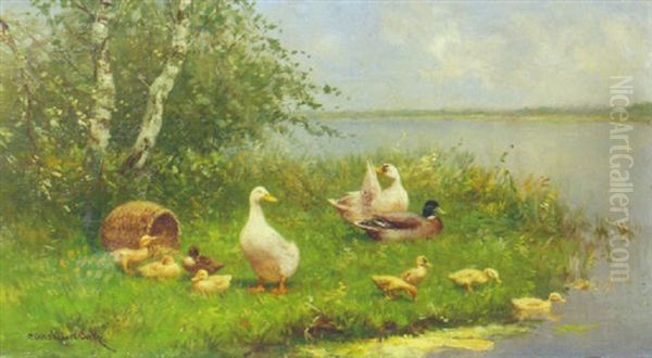 Ducks And Ducklings On A Sunlit Riverbank Oil Painting by David Adolph Constant Artz