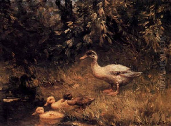 A Duck With Ducklings In The Grass Oil Painting by David Adolph Constant Artz