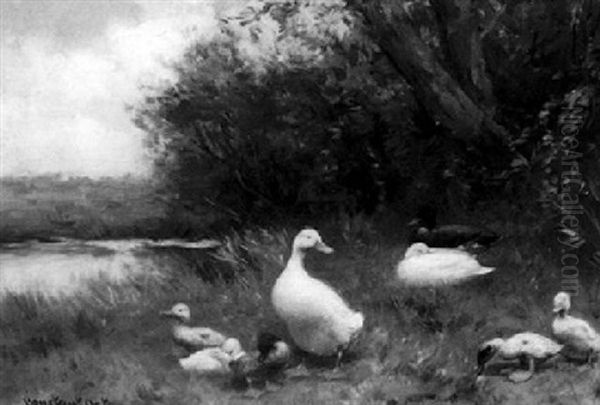 A Duck With Ducklings On The Waterfront Oil Painting by David Adolph Constant Artz