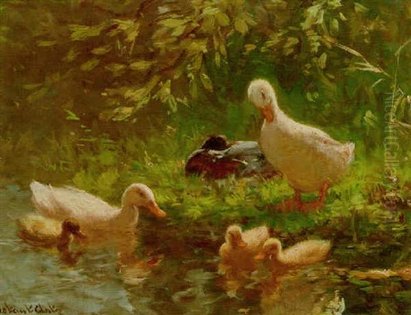 Ducks And Ducklings On A Riverbank Oil Painting by David Adolph Constant Artz