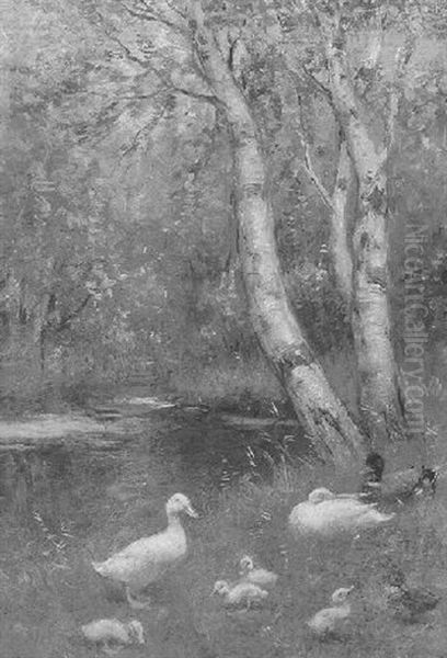 Ducks And Ducklings On A Riverbank Oil Painting by David Adolph Constant Artz